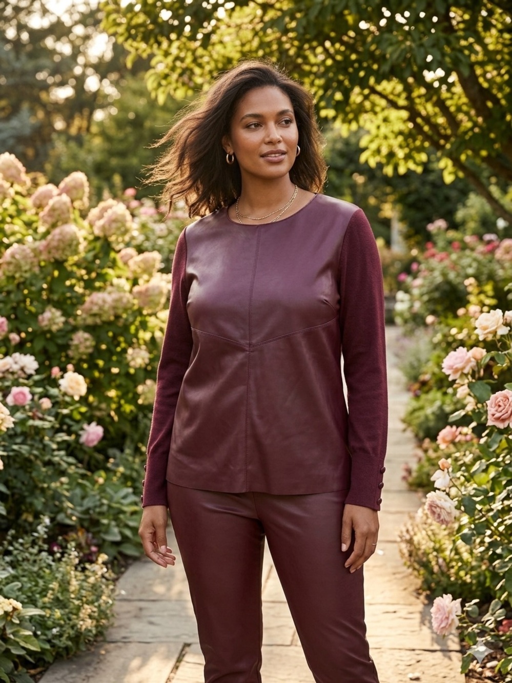 Faux-Leather Front Burgundy Long-Sleeve Top by